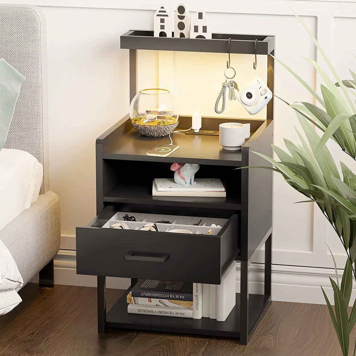 Black Set of 2 LED Nightstand with Charging Station and 1 Drawer X5541