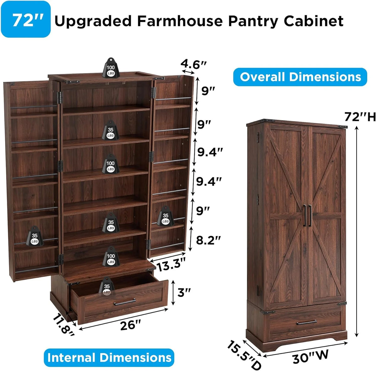 Brown 72" Tall Wood Kitchen Pantry Cabinet with 2 Doors J7944