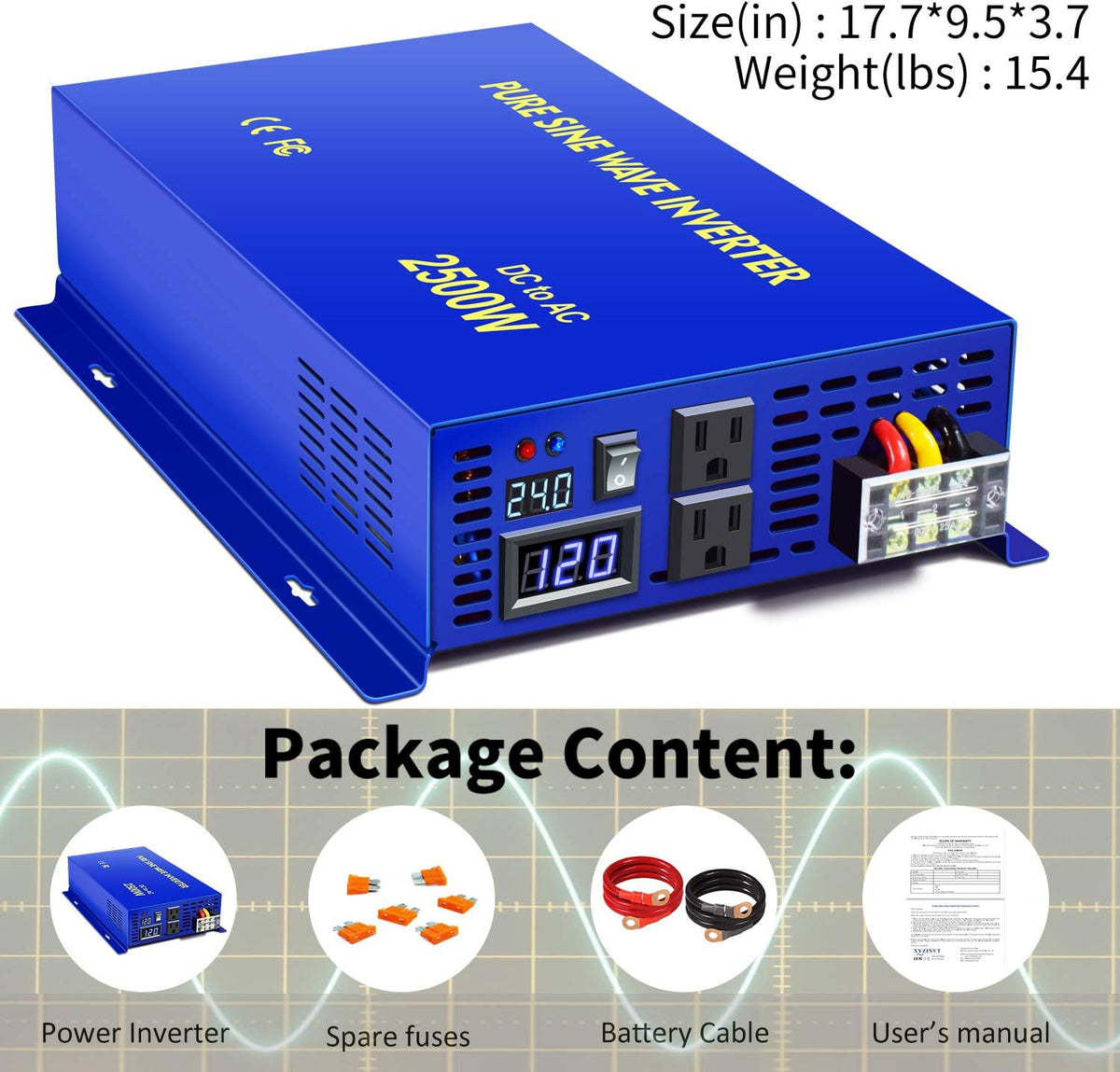 2500W Pure Sine Wave Inverter 24v to 110V 120V AC with Wireless Remote Switch Q6513