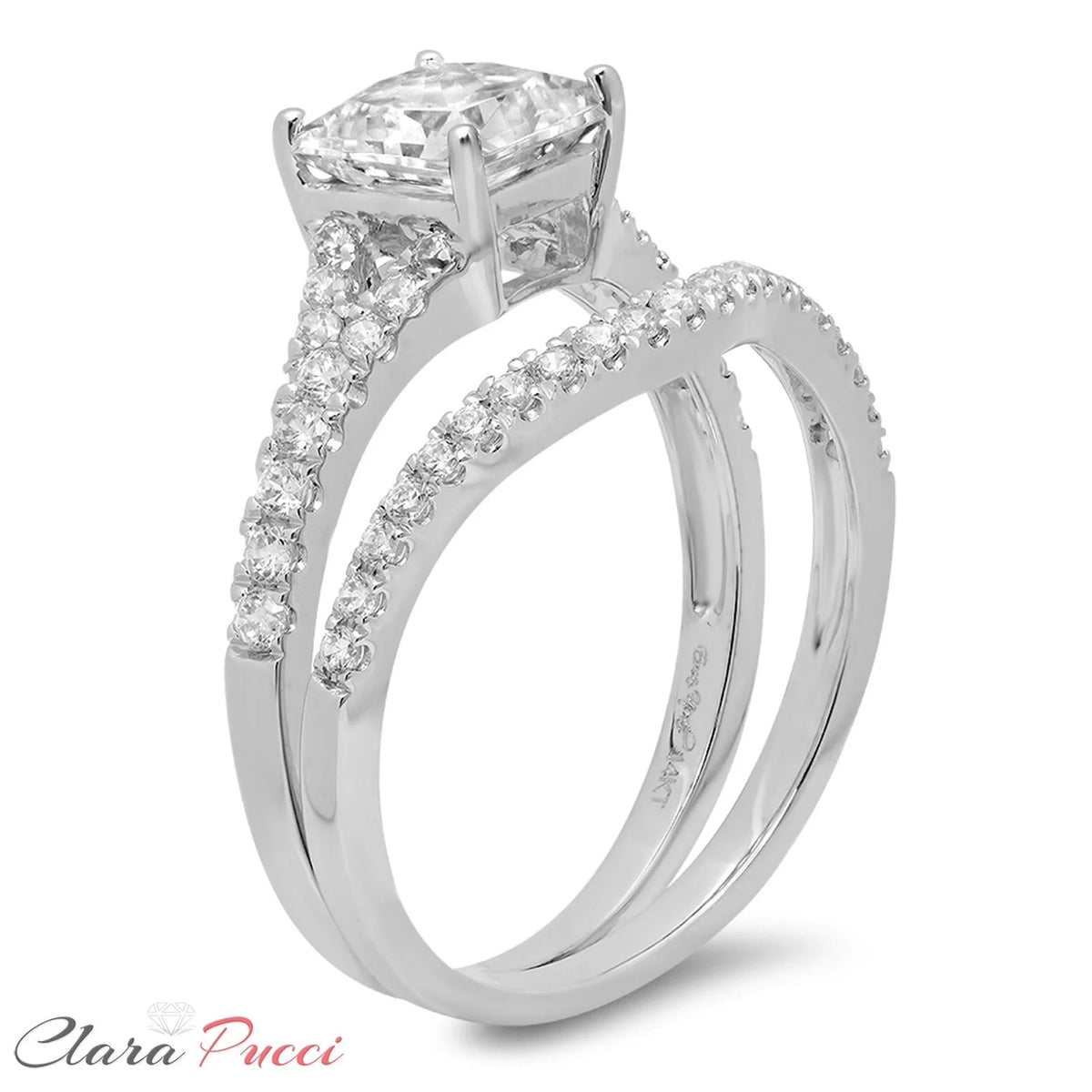 Princess Cut Clear Lab Created Moissanite 18k White Gold Ring Band Set sz 3.5 C30454