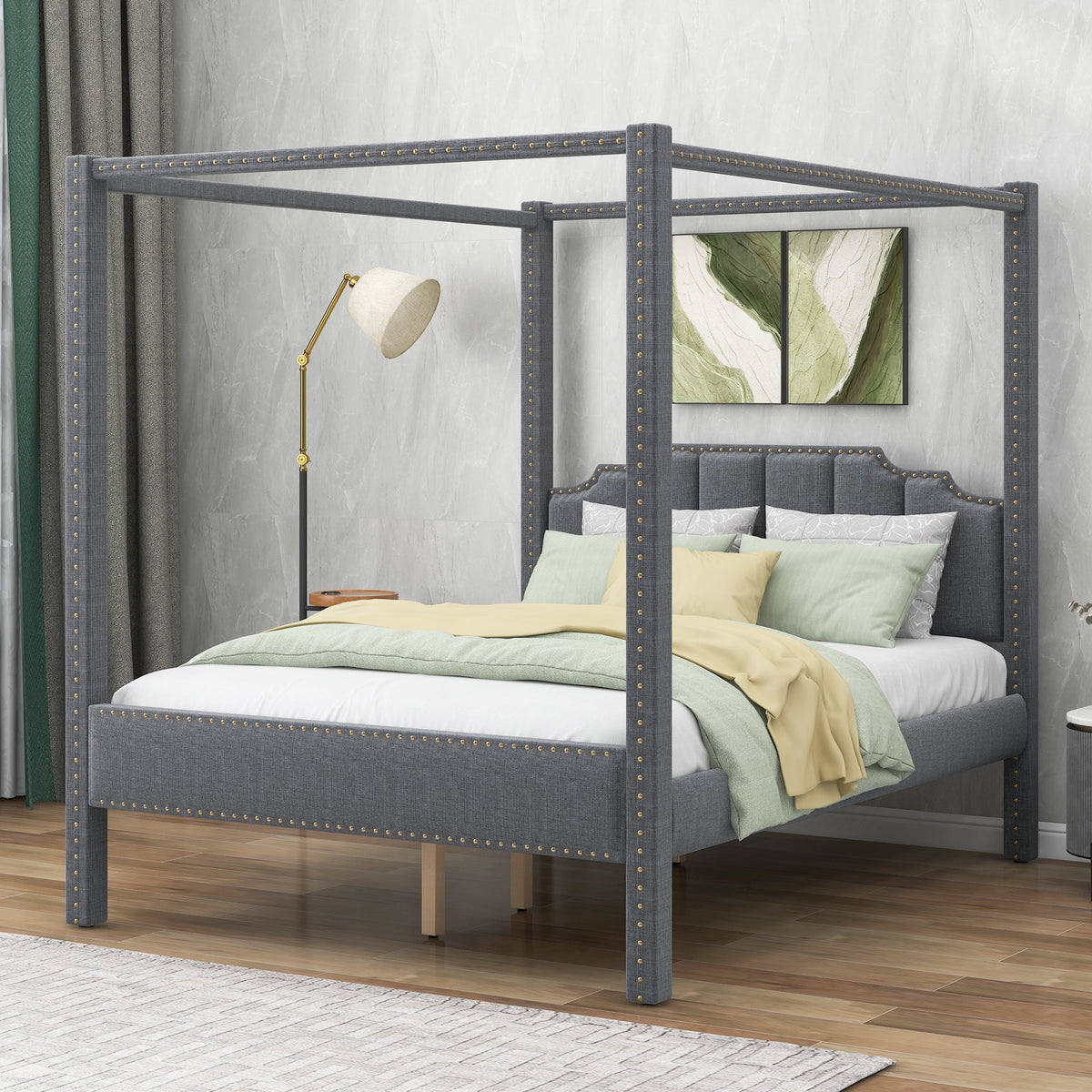 Queen Size Upholstery Canopy Platform Bed with Headboard Gray A7709