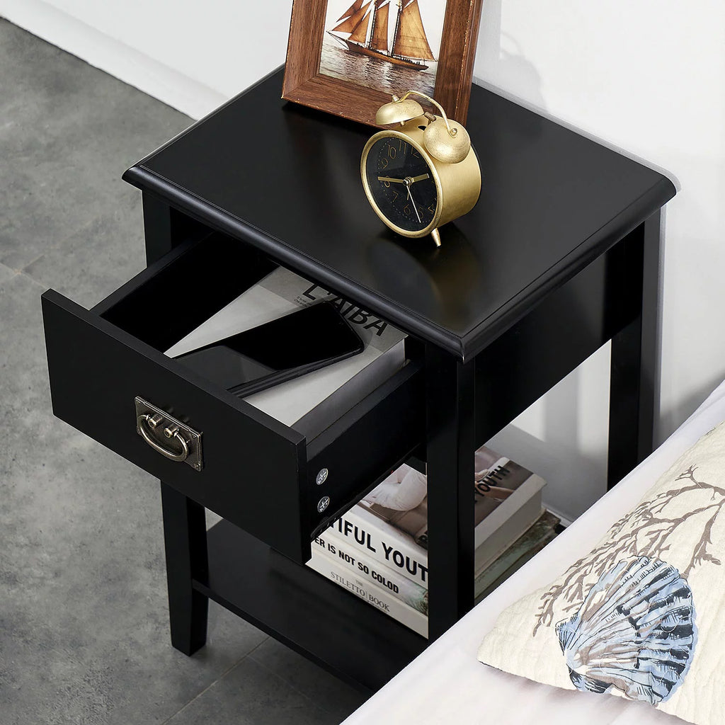 Black 1-Drawer Nightstand with Storage Shelf K4763