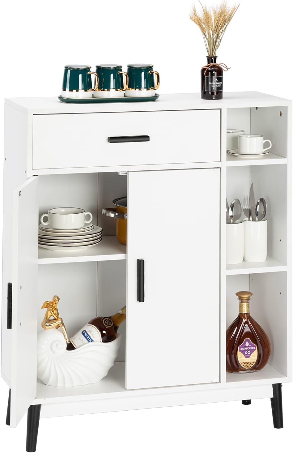 White Wood Accent Cabinet with Open Shelves and Doors C3387