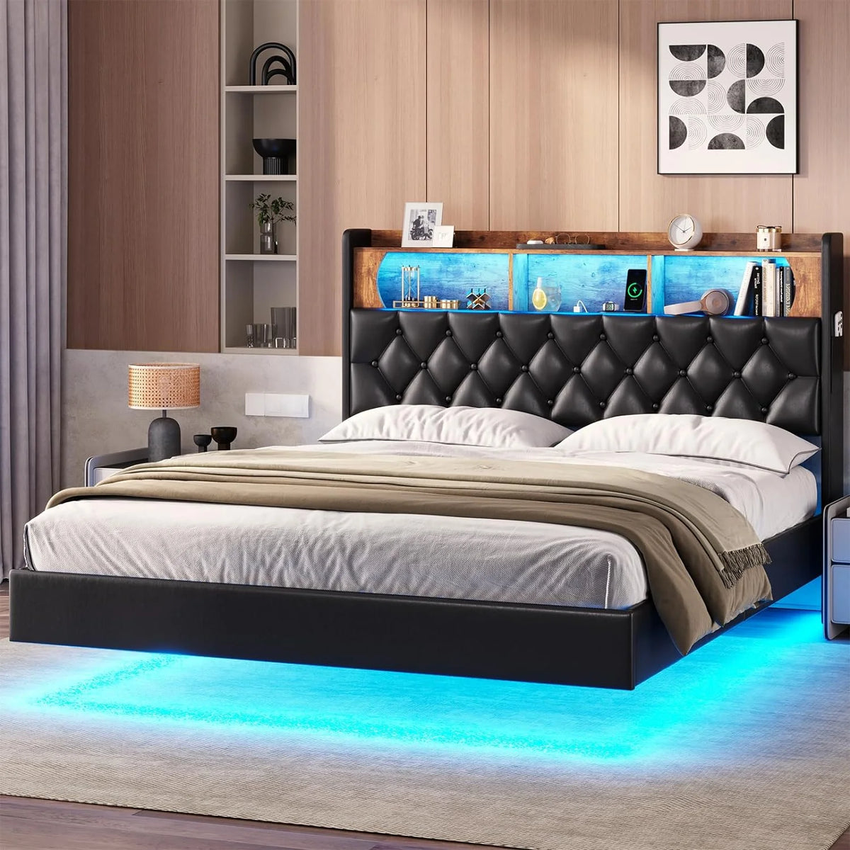 Queen Size Black Upholstered Platform Bed with Storage Headboard Y619245