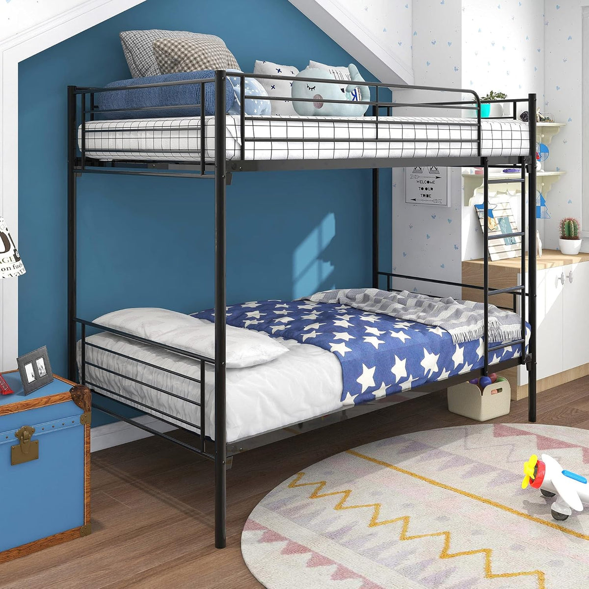 White Twin Over Twin Metal Bunk Bed Frame, Heavy Duty, Easy to Assemble I22489