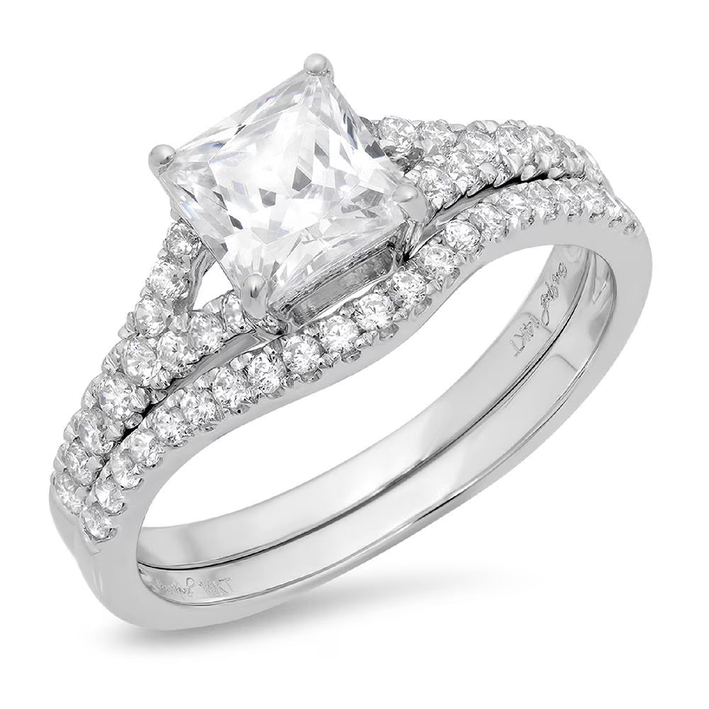 Princess Cut Clear Lab Created Moissanite 18k White Gold Ring Band Set sz 3.5 C30454