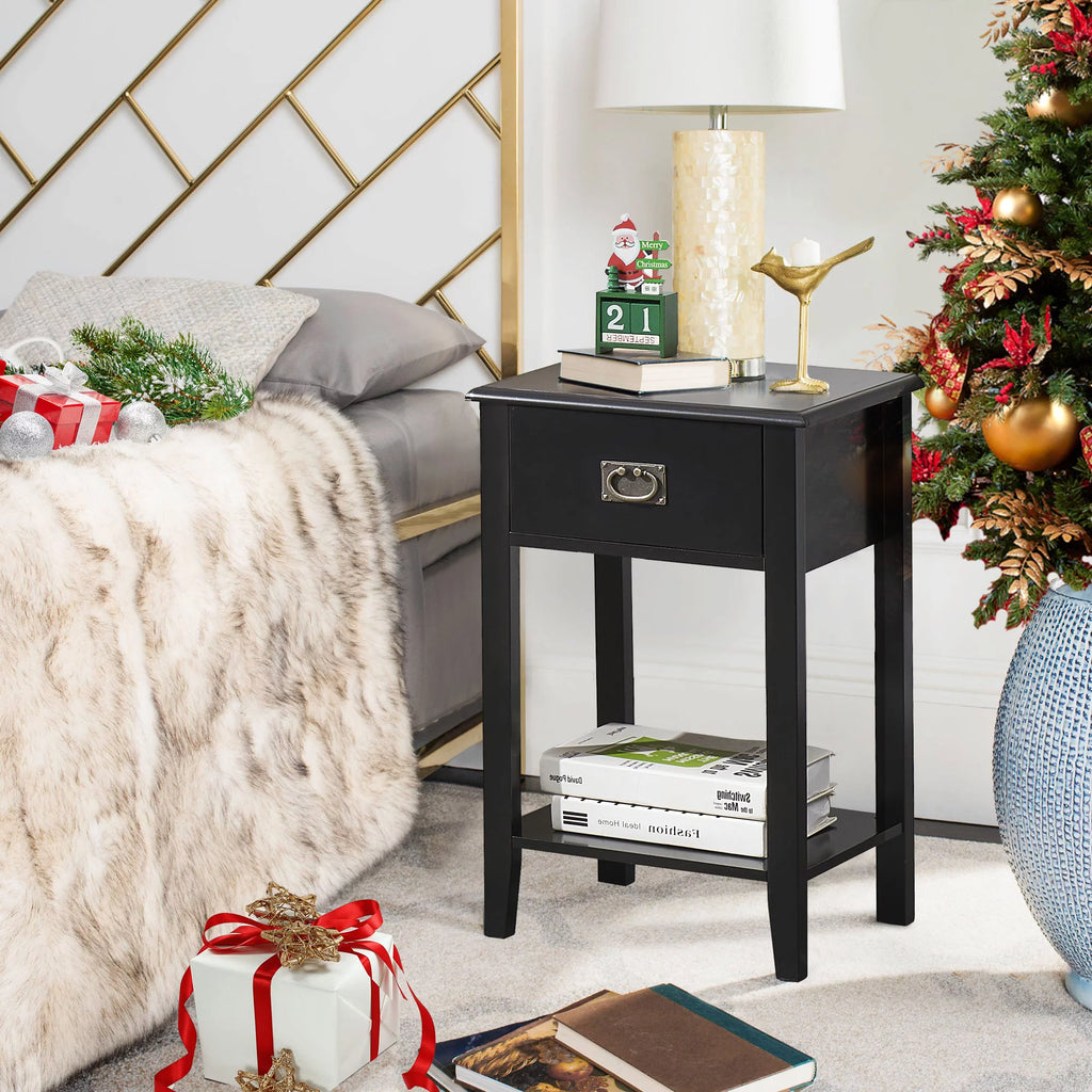 Black 1-Drawer Nightstand with Storage Shelf K4763