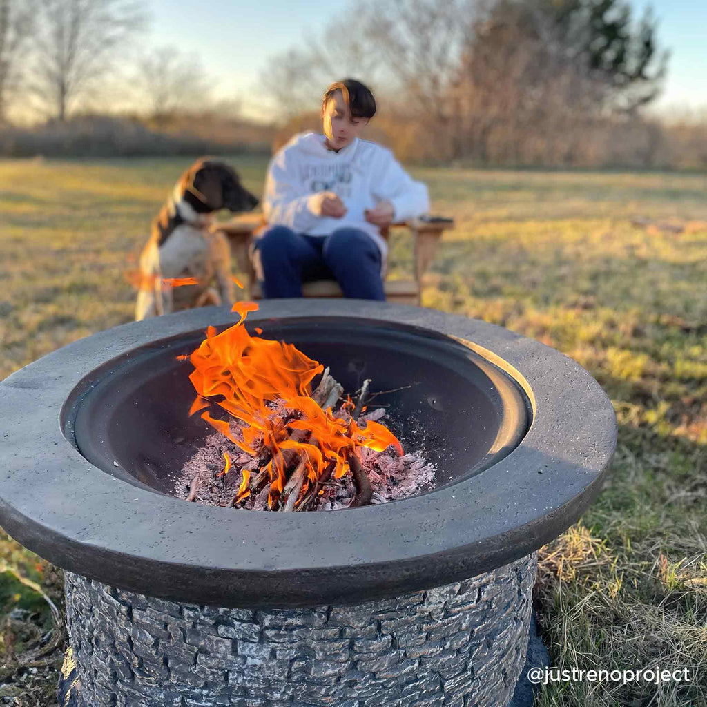 32 in. Stone Wood Burning Fire Pit with Steel Mesh Spark Screen and Fire Poker B1536