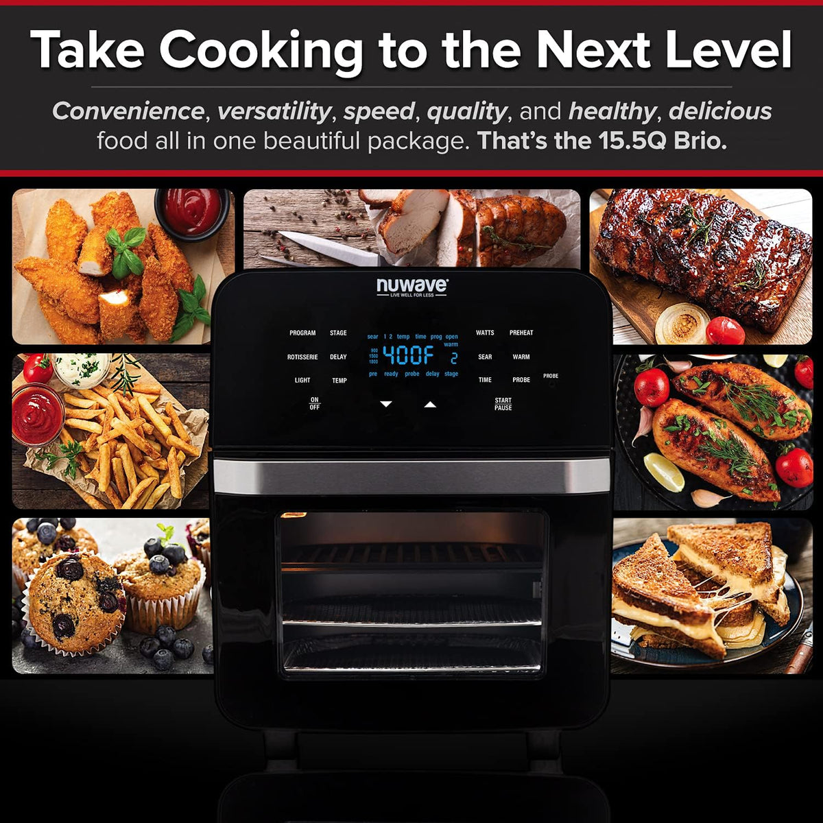 Brio Air Fryer Smart Oven, 15.5-Qt X-Large Family Size, Countertop Convection Rotisserie Grill Combo, 4 Rack Positions, 50°-425°F Temperature Controls in 5° Increments, Linear Thermal Technology and Integrated Temperature Probe J4256
