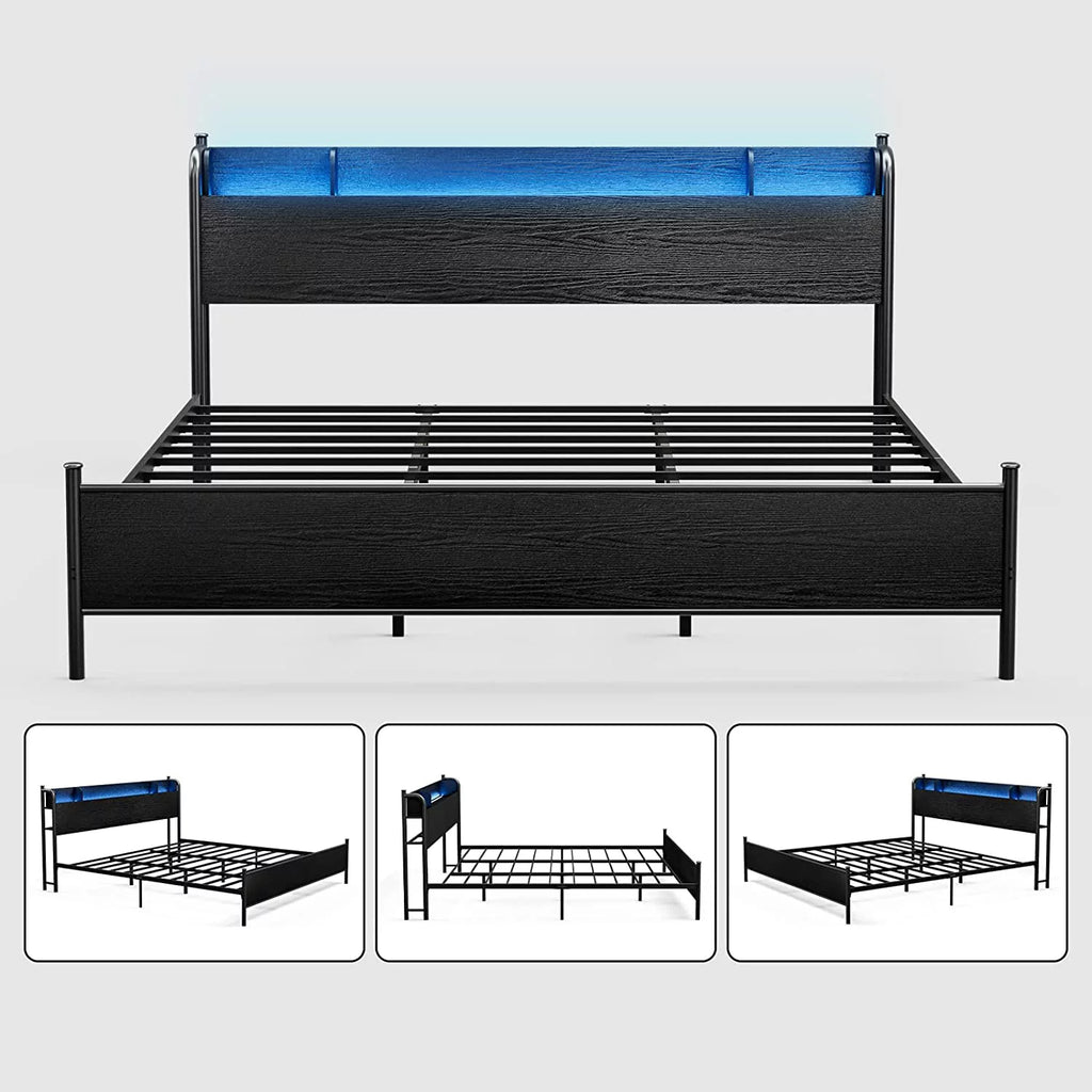 California King Metal and Wood Platform Bed Frame with Storage Shelf Headboard and Charging Station C964