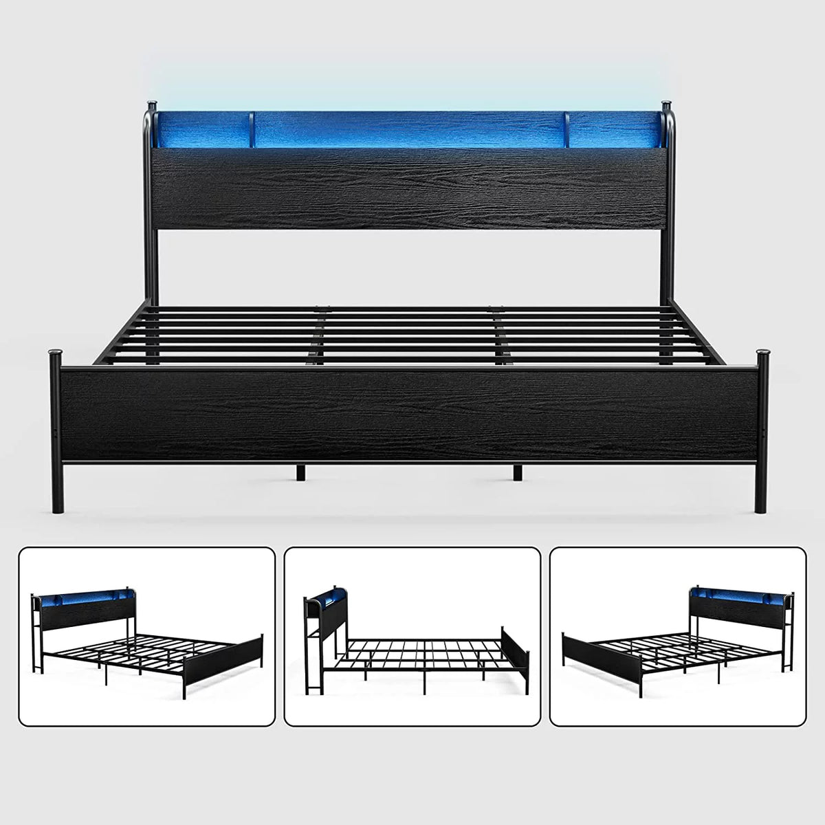 California King Metal and Wood Platform Bed Frame with Storage Shelf Headboard and Charging Station C964