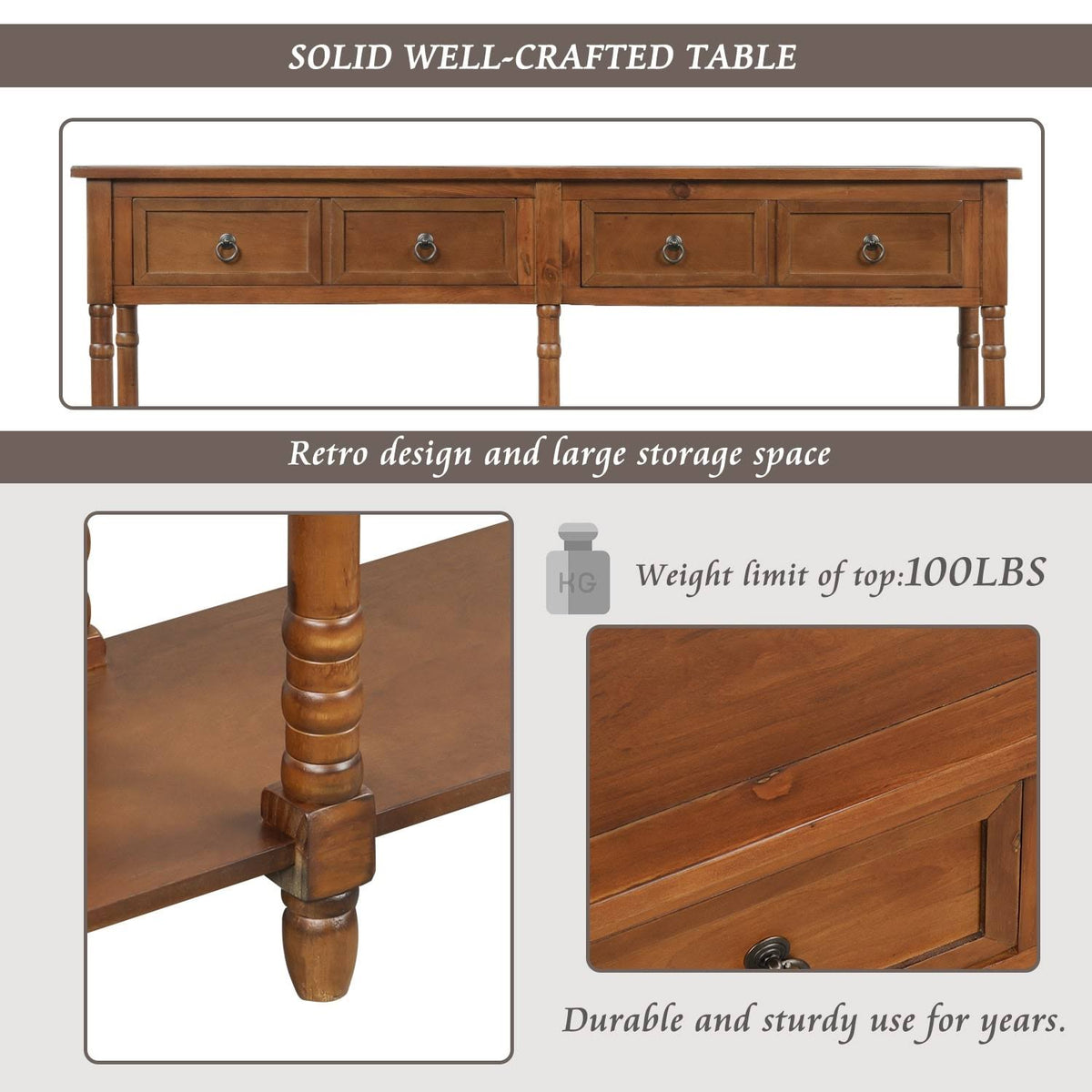 Walnut Rectangular Console Table with Drawers and Long Shelf M1209
