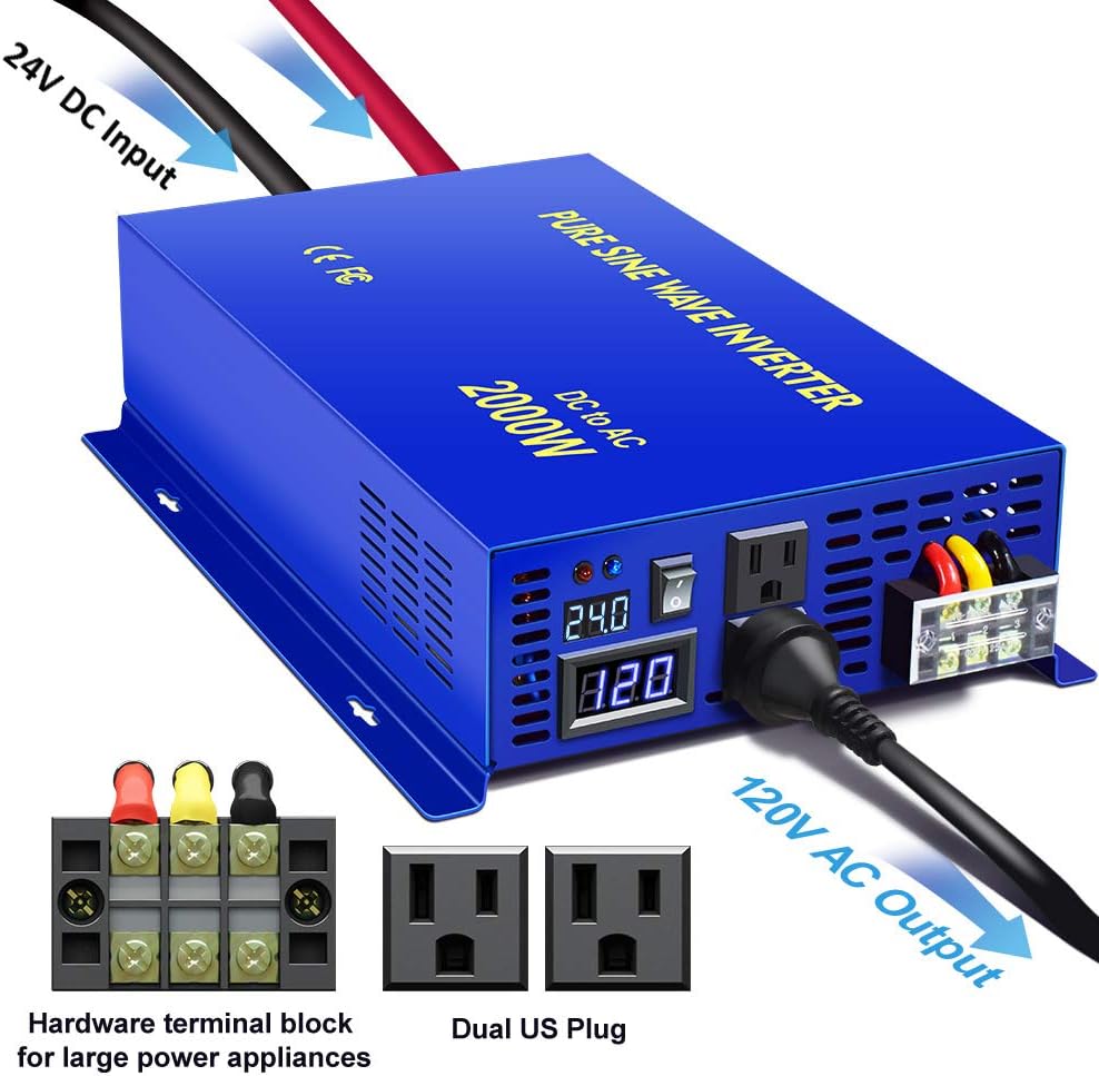 2500W Pure Sine Wave Inverter 24v to 110V 120V AC with Wireless Remote Switch Q6513