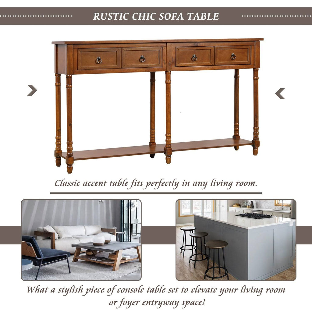 Walnut Rectangular Console Table with Drawers and Long Shelf M1209