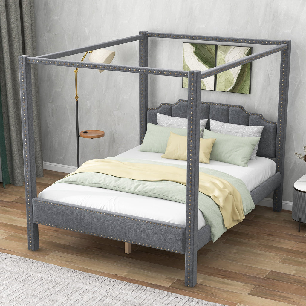 Queen Size Upholstery Canopy Platform Bed with Headboard Gray A7709