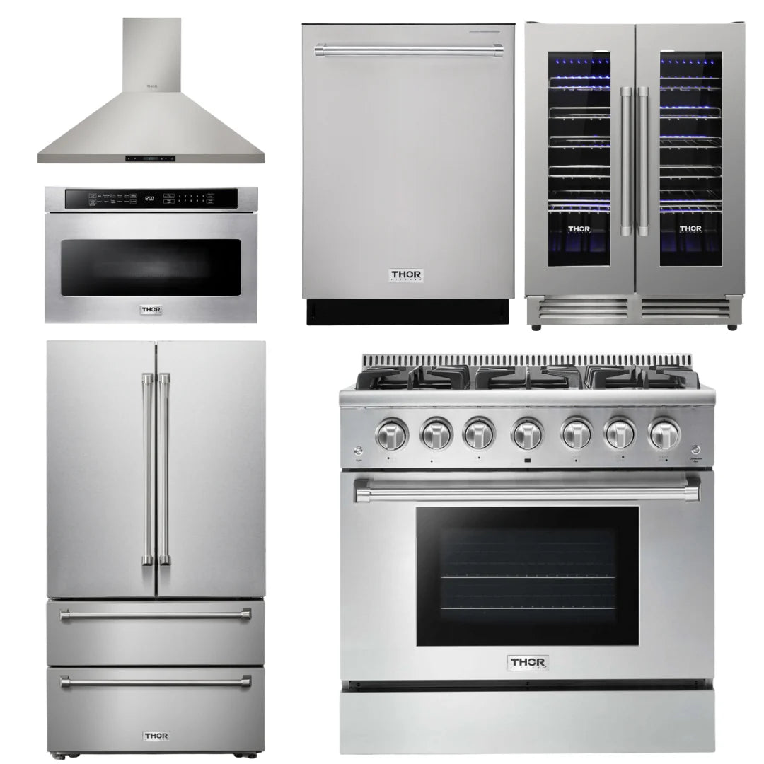 36 Propane Gas Range, Range Hood, Microwave, Refrigerator, Dishwasher, Wine Cooler W302823