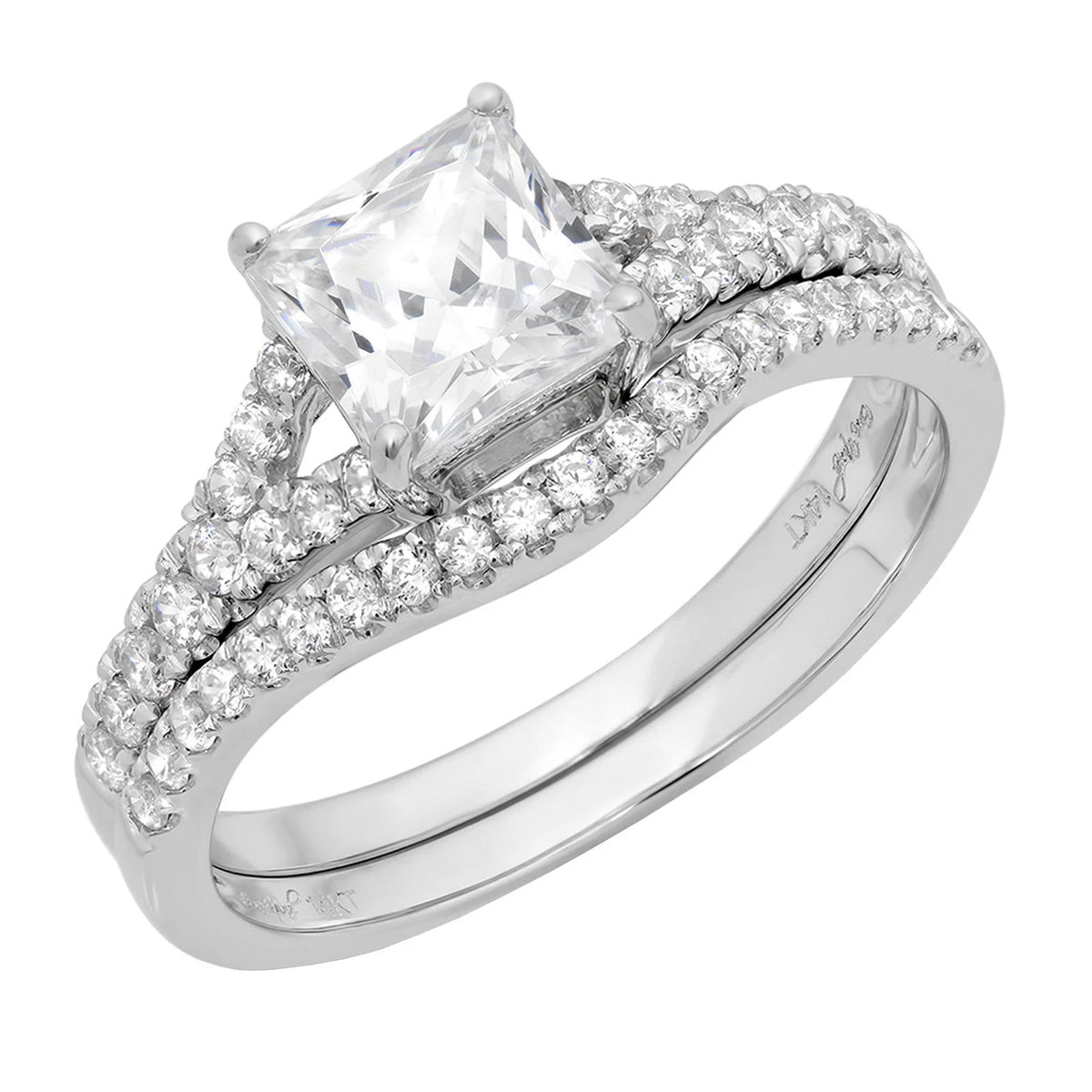 Princess Cut Clear Lab Created Moissanite 18k White Gold Ring Band Set sz 3.5 C30454