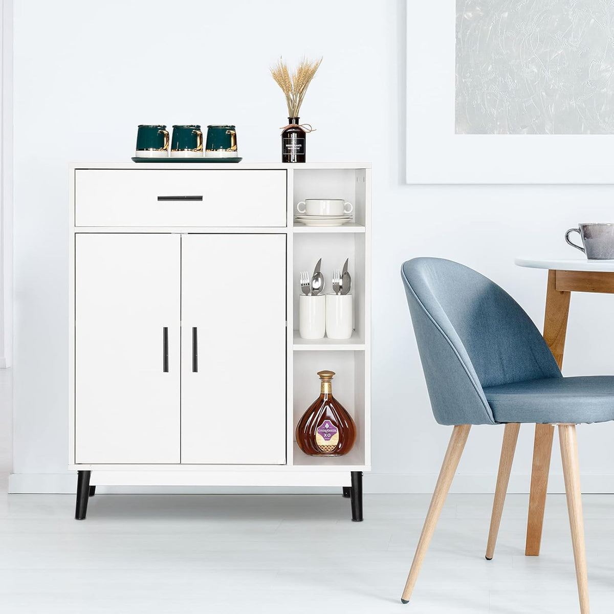 White Wood Accent Cabinet with Open Shelves and Doors C3387