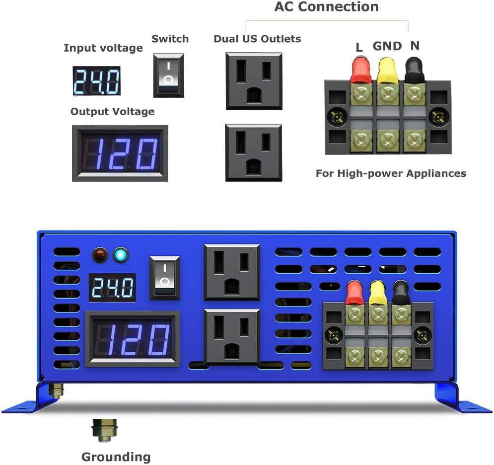 2500W Pure Sine Wave Inverter 24v to 110V 120V AC with Wireless Remote Switch Q6513