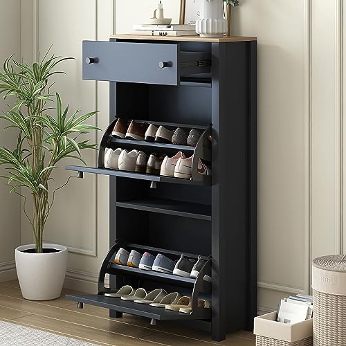 Black Narrow Shoes Cabinet with 2 Adjustable Shelves and Top Drawer U94773