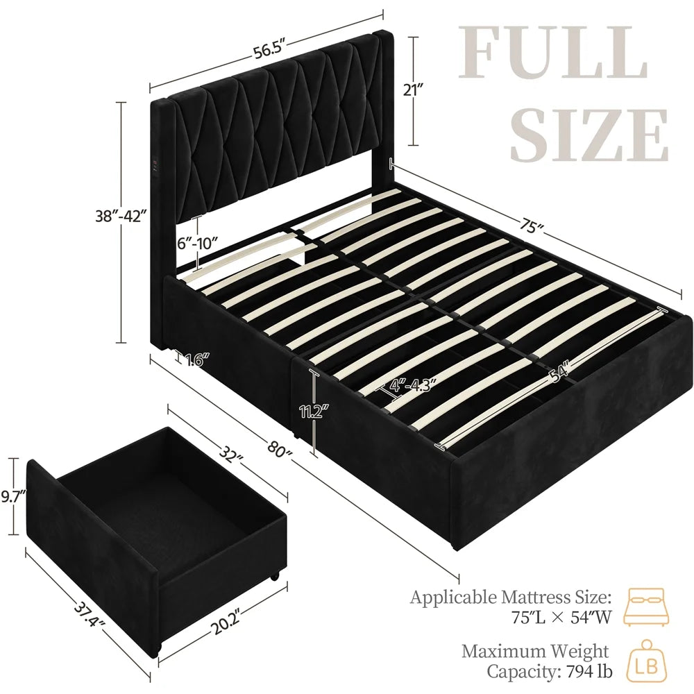 Black Full Upholstered Bed with 4 Storage Drawers H7470