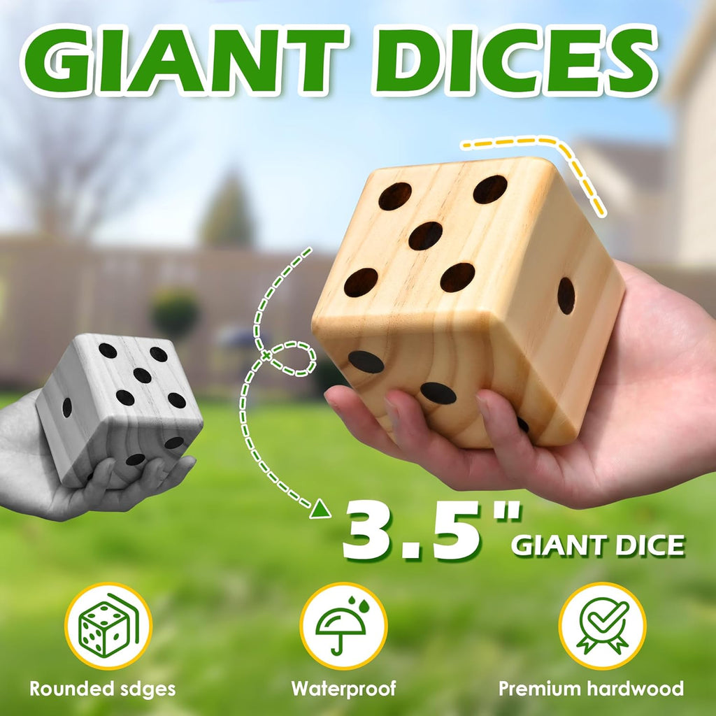 3.5" Wooden Yard Dice Set includes 6 Dice, Collapsible Bucket, Score Cards & Dry Erase Marker W274989