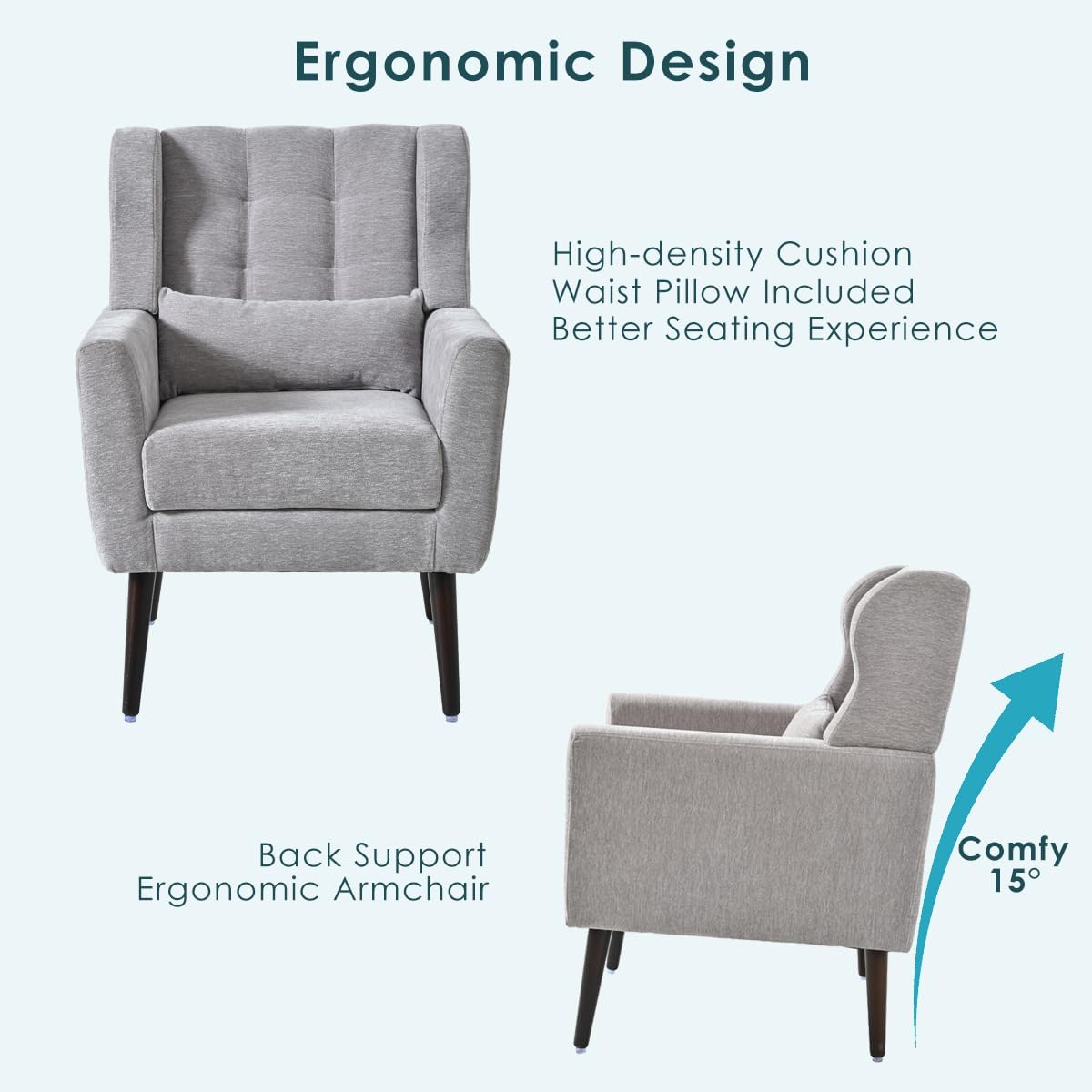 Chenille Upholstered Accent Chair with Pillow, Solid Wood Leg X3192
