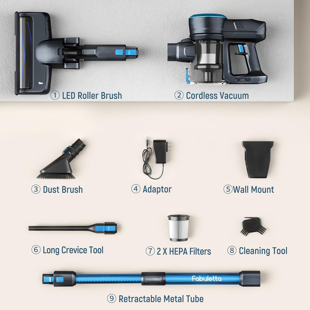 Cordless Stick Vacuum Cleaner, 24Kpa 250W, 6-in-1 Rechargeable, 45 Min Runtime, Blue X387419