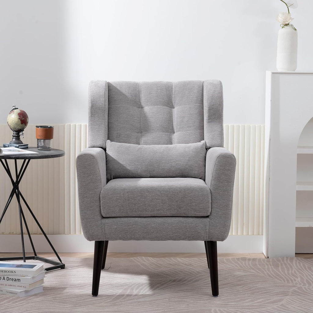 Chenille Upholstered Accent Chair with Pillow, Solid Wood Leg X3192