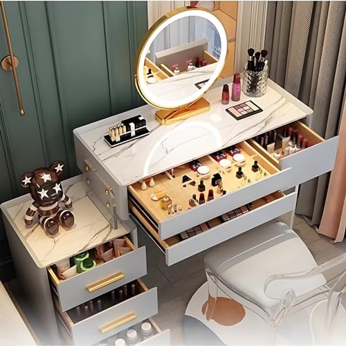 White 31.5'' Acrylic Makeup Vanity with Smart LED Lights Mirror, 6 Drawers and Tempered Glass Desktop M78267