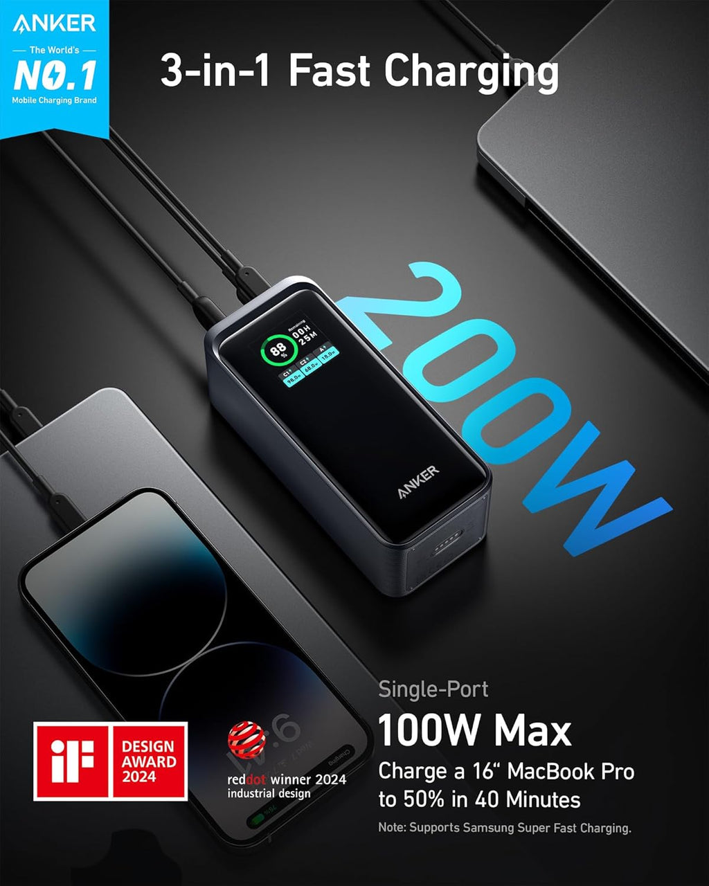20,000mAh Portable Charger with 200W Output and Built-in USB-C Cable K918322