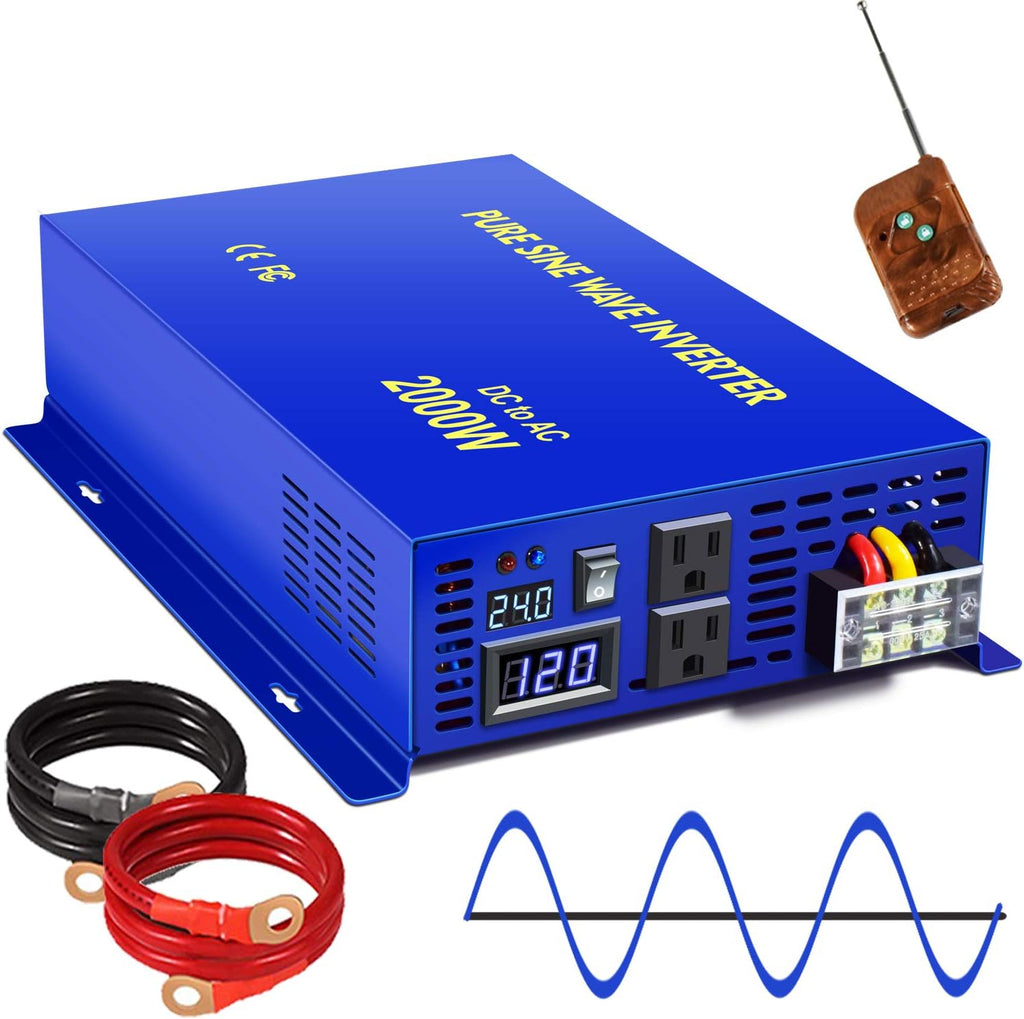 2500W Pure Sine Wave Inverter 24v to 110V 120V AC with Wireless Remote Switch Q6513
