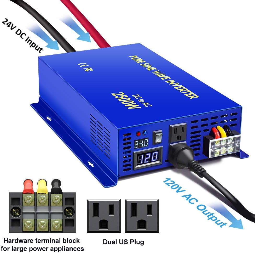 2500W Pure Sine Wave Inverter 24v to 110V 120V AC with Wireless Remote Switch Q6513