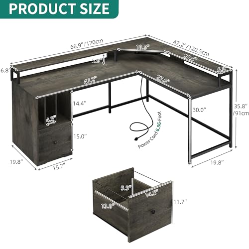 Grey L Shaped Desk with File Drawer, 3 Cubbies, LED Lights, Power Outlets, Monitor Stand Y96443