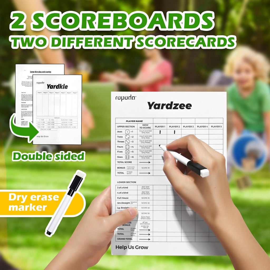 3.5" Wooden Yard Dice Set includes 6 Dice, Collapsible Bucket, Score Cards & Dry Erase Marker W274989