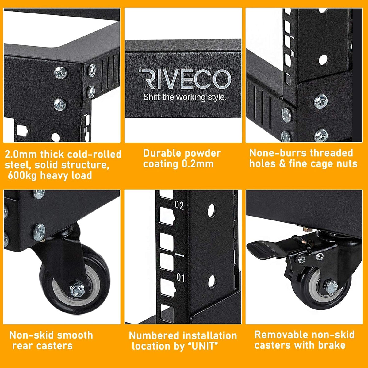18U Open Frame Server Rack with Brake Casters X841