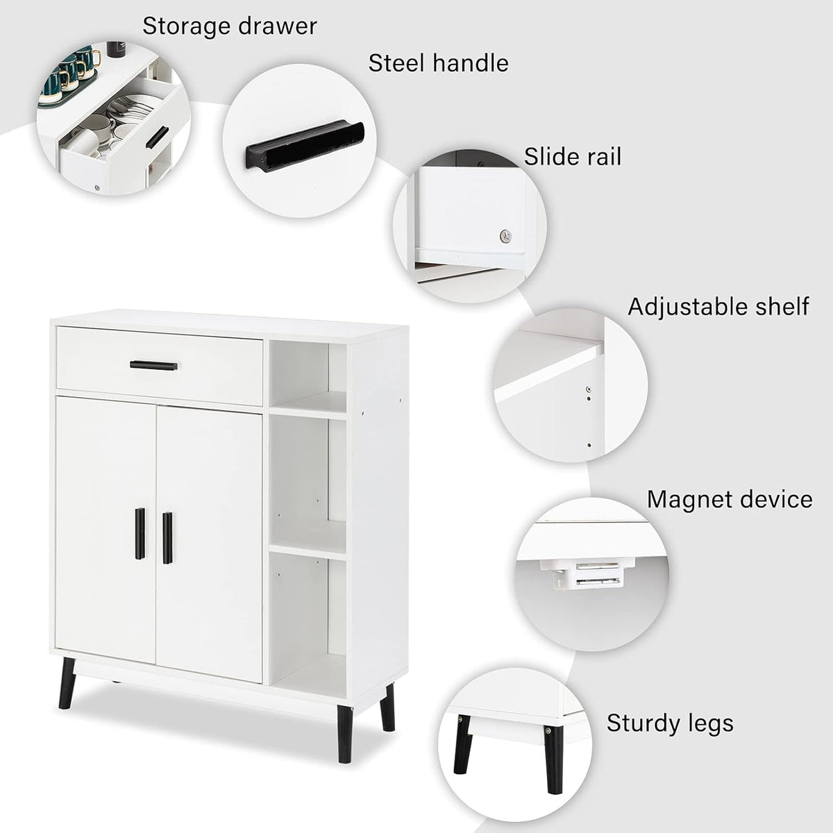 White Wood Accent Cabinet with Open Shelves and Doors C3387