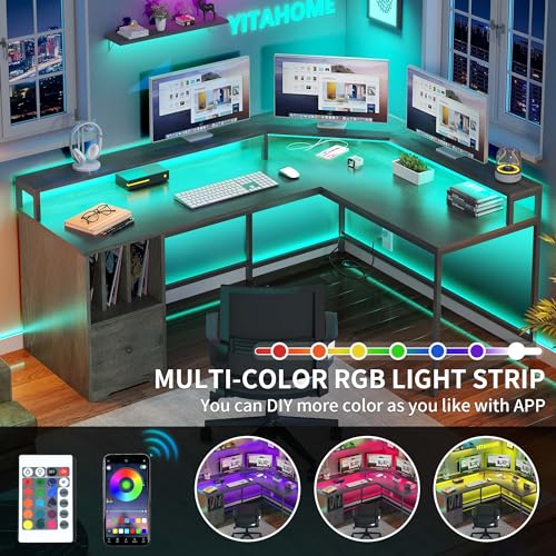 Grey L Shaped Desk with File Drawer, 3 Cubbies, LED Lights, Power Outlets, Monitor Stand Y96443