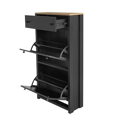 Black Narrow Shoes Cabinet with 2 Adjustable Shelves and Top Drawer U94773