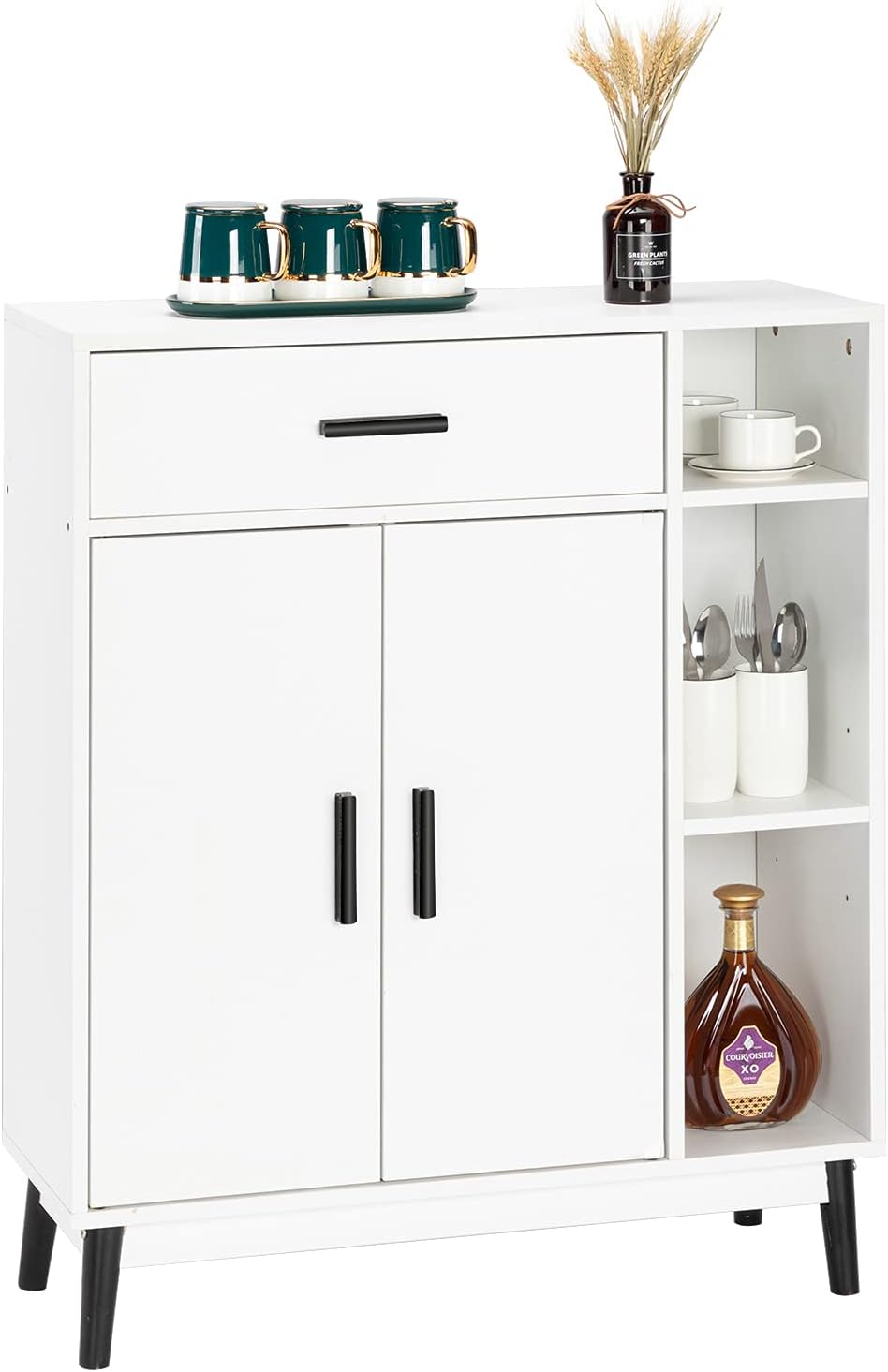 White Wood Accent Cabinet with Open Shelves and Doors C3387