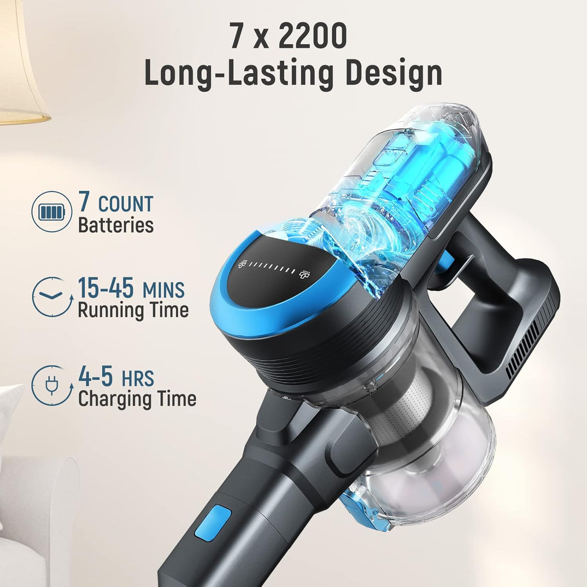 Cordless Stick Vacuum Cleaner, 24Kpa 250W, 6-in-1 Rechargeable, 45 Min Runtime, Blue X387419