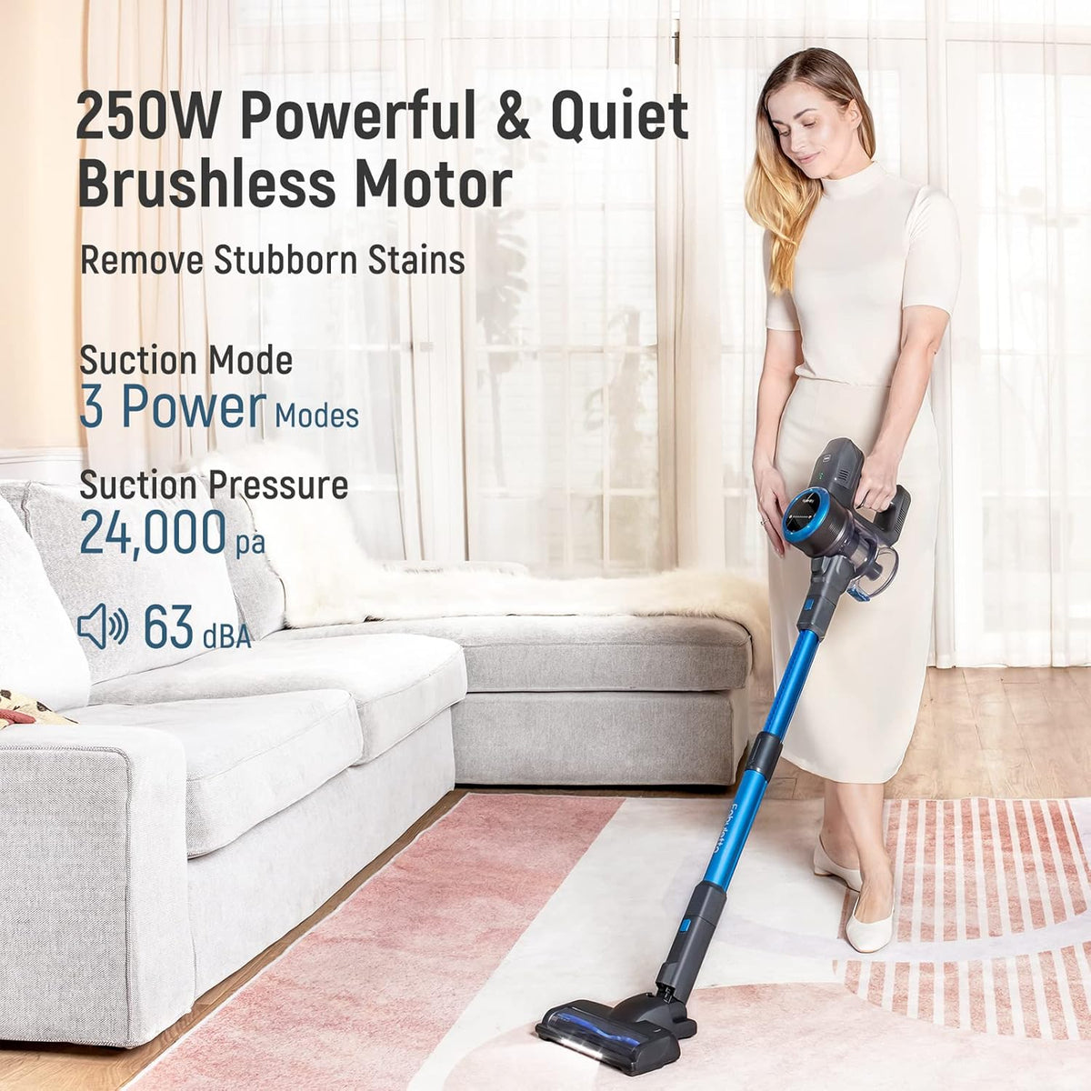 Cordless Stick Vacuum Cleaner, 24Kpa 250W, 6-in-1 Rechargeable, 45 Min Runtime, Blue X387419