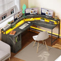 Grey L Shaped Desk with File Drawer, 3 Cubbies, LED Lights, Power Outlets, Monitor Stand Y96443