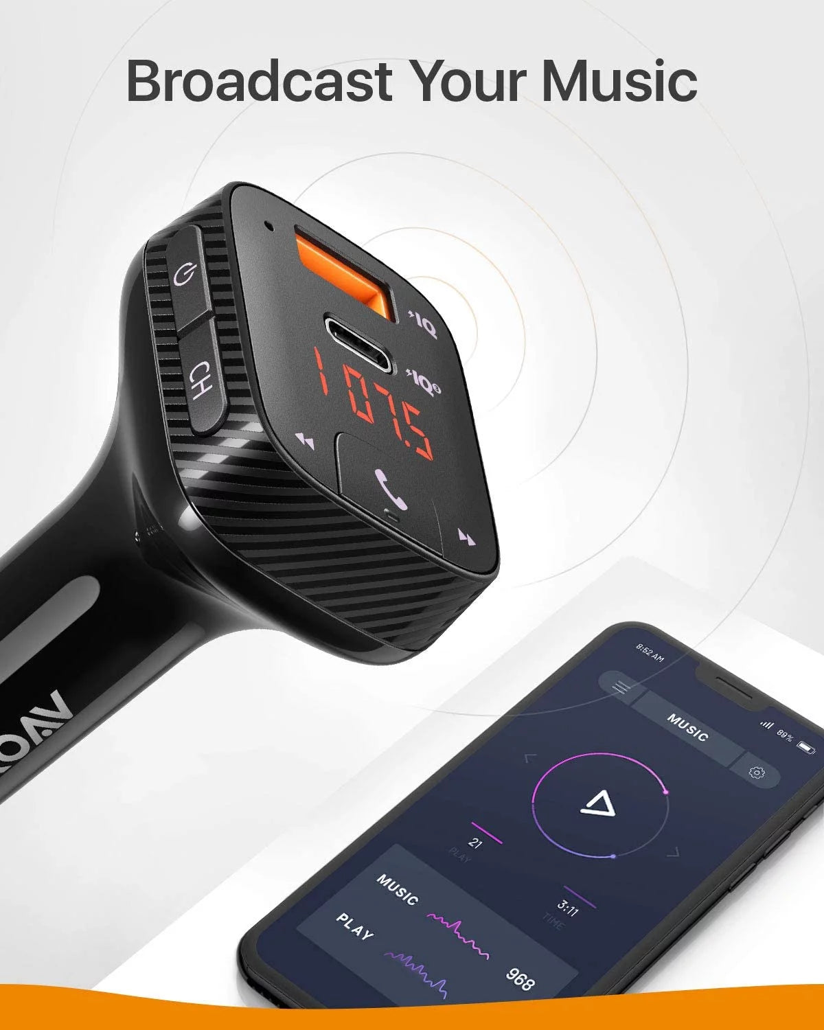 Bluetooth FM Transmitter Car Charger with Type C PD Charging X981318