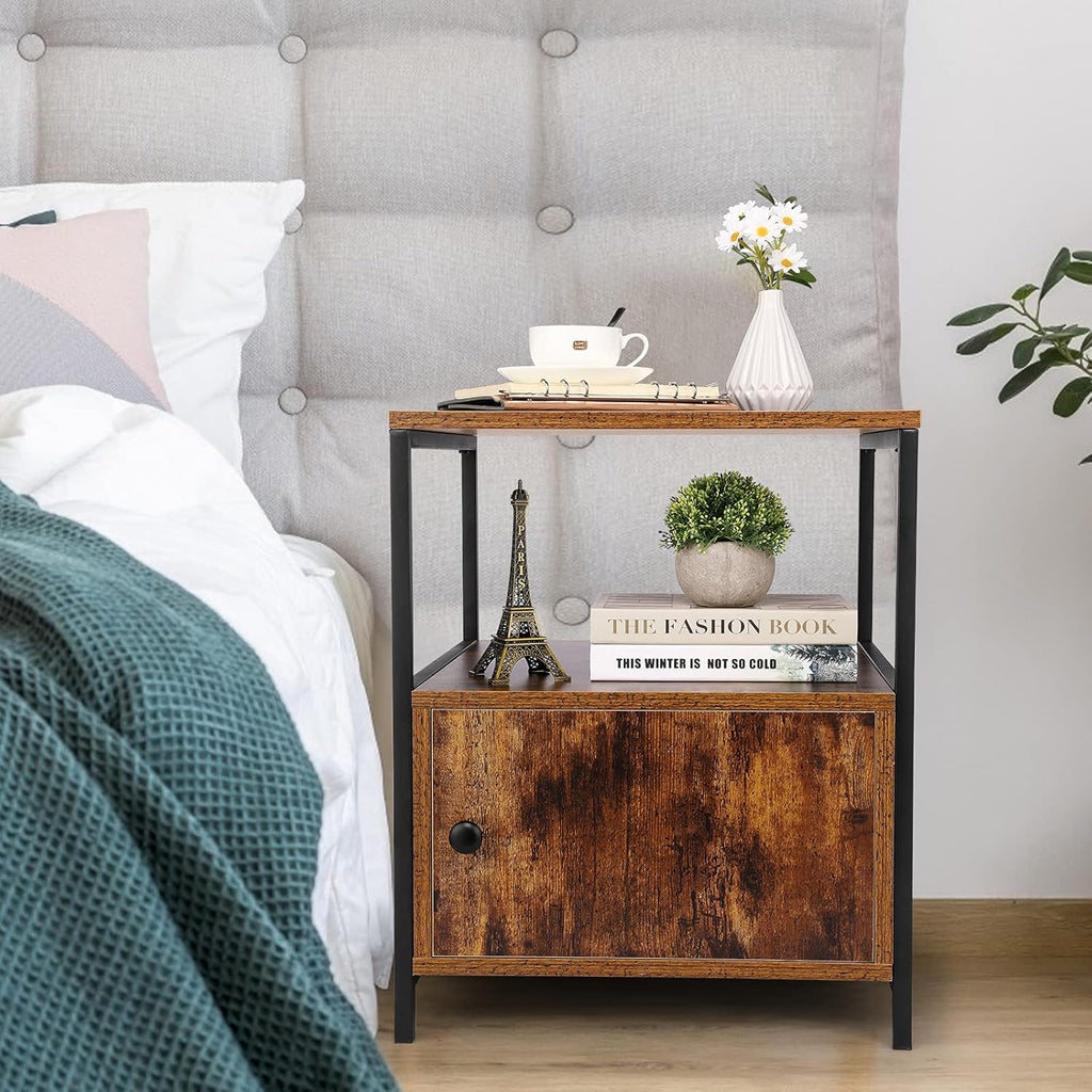 Black Wooden Nightstand with Storage Cabinet and Open Shelves Y15749