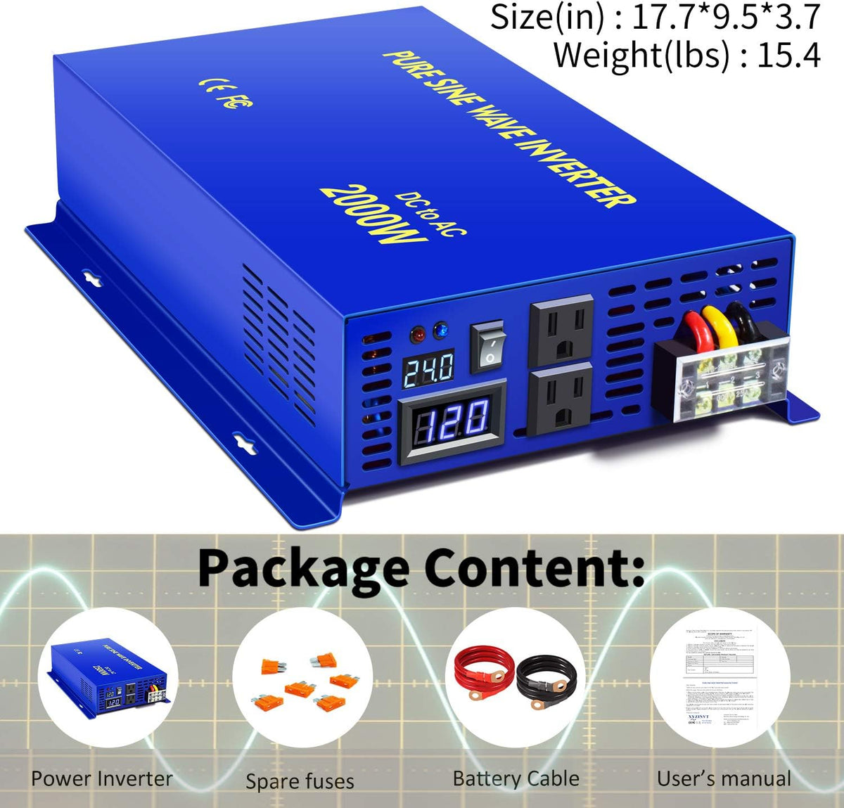 2500W Pure Sine Wave Inverter 24v to 110V 120V AC with Wireless Remote Switch Q6513