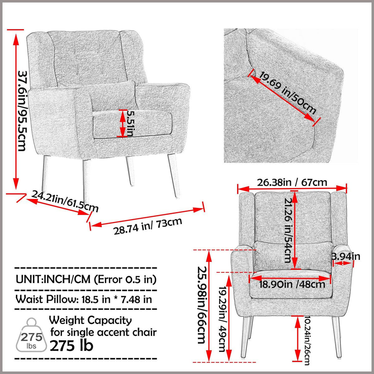 Chenille Upholstered Accent Chair with Pillow, Solid Wood Leg X3192