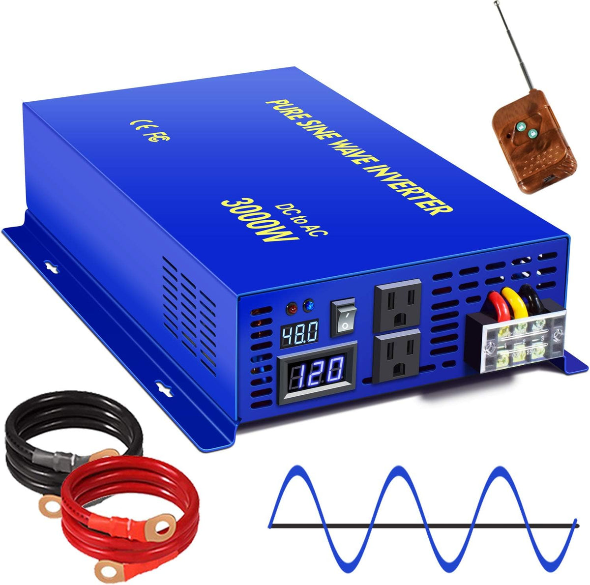 2500W Pure Sine Wave Inverter 24v to 110V 120V AC with Wireless Remote Switch Q6513