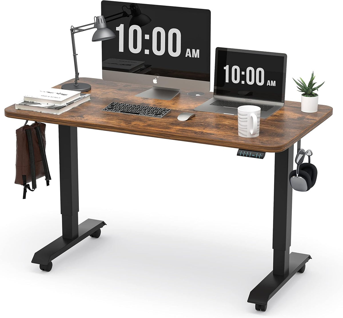 Electric Height Adjustable Standing Desk, 48x24 Inches, Black Steel Frame, Rustic Brown Top N88814