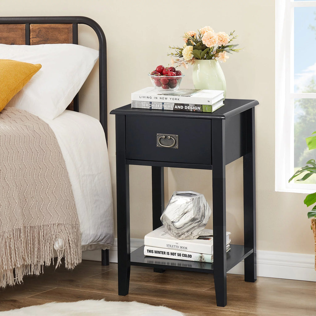 Black 1-Drawer Nightstand with Storage Shelf K4763